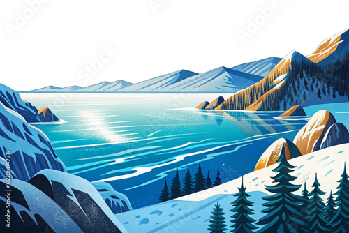 Lake Baikal in Siberia, deepest freshwater lake in the world, icy mountains and wildlife surrounding