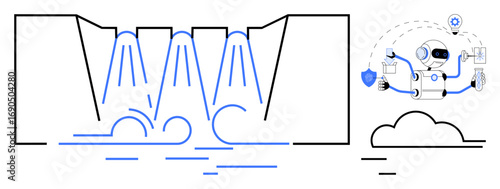 Flowing water representing data streams. Robot handles data tasks with security and efficiency icons. Ideal for innovation, technology, automation, AI, data flow, cybersecurity, digital