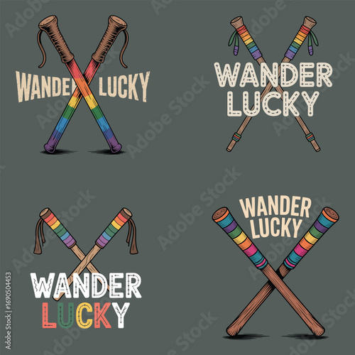 Crossed rainbow walking sticks with text hiking poles
