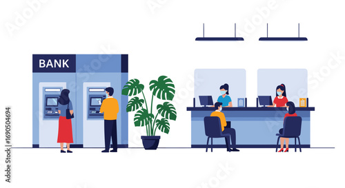 People using bank ATMs and interacting with tellers in a modern financial service setting