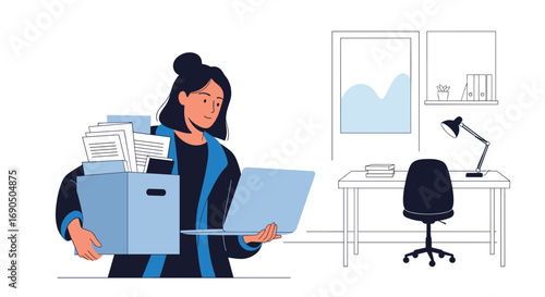 Confident professional organizes workspace with laptop and files, ready for productive work