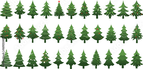 Colorful decorated Christmas trees with red and white ornaments, garlands, festive pine silhouettes, holiday evergreen icons, winter vector set