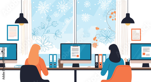 Modern office workers collaborate on projects with winter snow falling outside the window