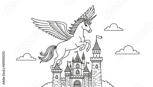 Winged unicorn flying above castle with clouds, concept of coloring page  