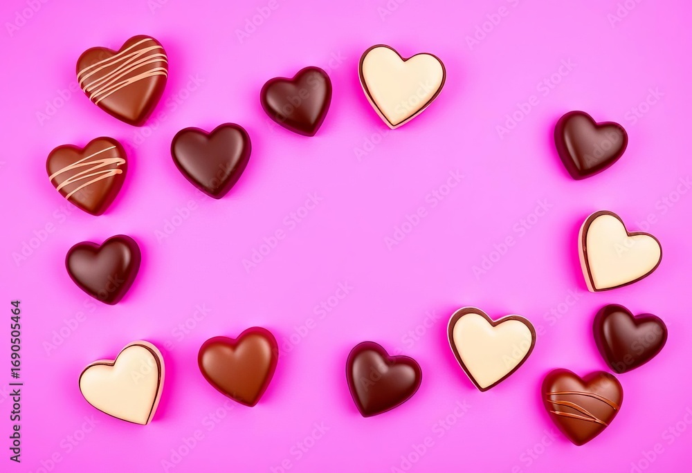Obraz premium Heart-shaped chocolates arranged on vibrant pink background, romance, gift