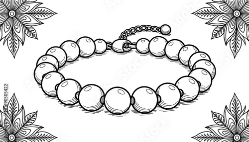 Beaded bracelet design with floral decorations for coloring page  