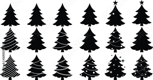 Decorated Christmas tree silhouettes collection, pine trees with stars, garlands, lights, holiday evergreen icons, festive winter vector set