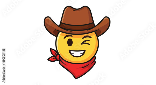 Photos A winking yellow emoji face wearing a brown cowboy hat and a red bandana