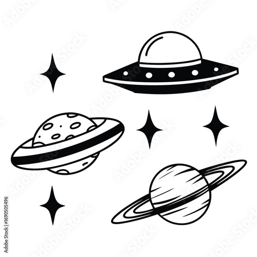 Hand drawn space elements isolated on white background planets, stars, and ufos in a doodle style for kids