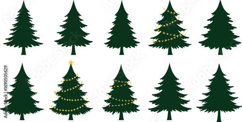 Dark green pine trees with gold star garlands, Christmas tree decorations, festive holiday symbols, evergreen silhouettes, winter seasonal icons