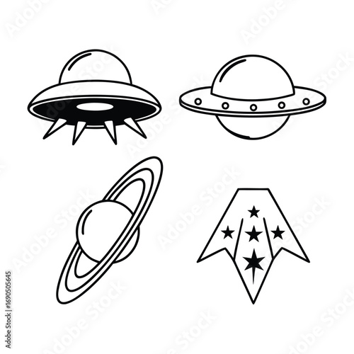 Collection of four space themed icons isolated on white background featuring ufo, saturn and spaceship