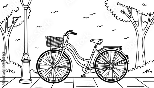 Bicycle parked by lamppost in park concept of coloring page  