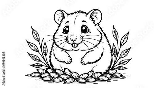 Adorable chubby hamster surrounded by seeds in coloring page concept  