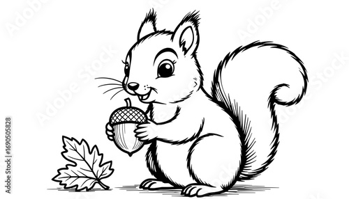 Little squirrel holding an acorn beside a leaf - Concept of coloring page  
