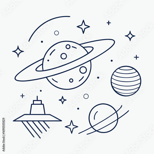 Illustration of saturn planet with rings and moon isolated on white background surrounded by stars