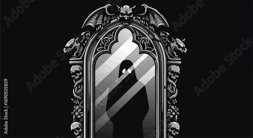 Dark, ornate mirror reflects a shadowy figure with glowing eyes, evoking mystery and the supernatural.