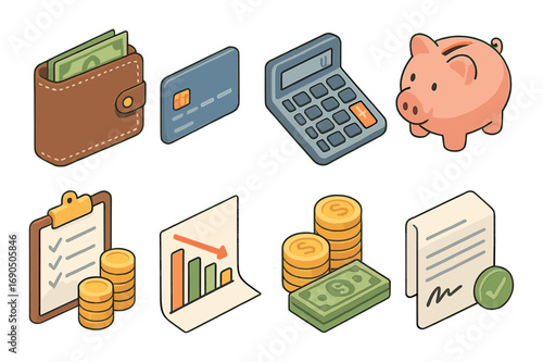 Finance icons wallet credit card calculator piggy bank coins and graphs set