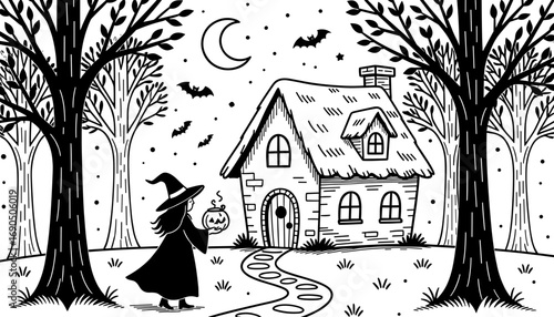 Witch walking outside cottage holding a pumpkin lantern at night, concept of coloring page  