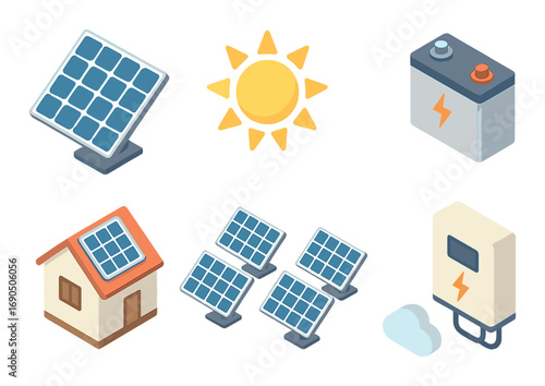 Isometric solar energy icons: panels, battery, sun, house, cloud, inverter