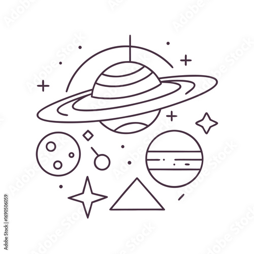 Illustration of saturn planet with rings and moon isolated on white background surrounded by stars