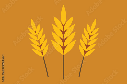 Vector art of three golden wheat stalks against a warm brown background, symbolizing harvest and agriculture, with a simple, stylized design and inviting color palette
