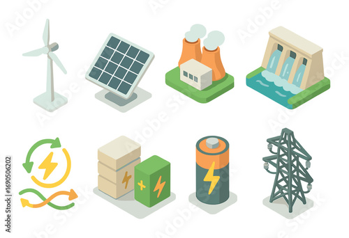 Renewable energy icons: wind turbine, solar panel, nuclear plant, hydroelectric dam, battery storage