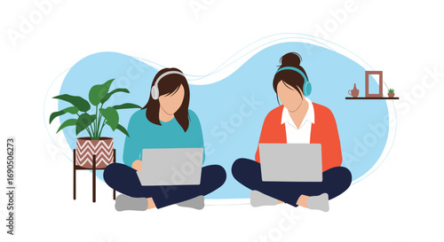 Two women working on laptops with headphones in a bright, modern home office setting.