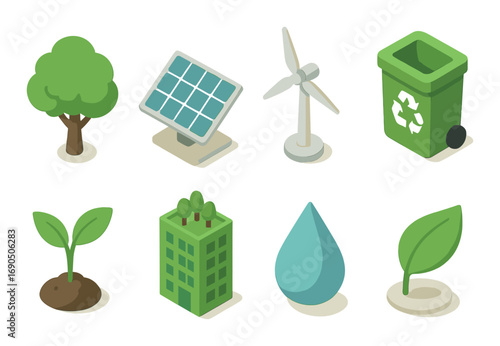 Eco-friendly icons: solar panel, wind turbine, recycling bin, green building, tree, leaf, water drop, planting