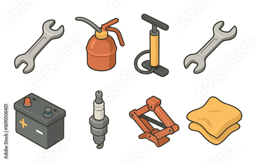Cartoon car tools: wrench, oil can, pump, battery, spark plug, jack, sponge