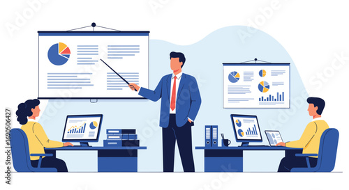 Professional businessman presents business growth charts and data analysis in modern office meeting