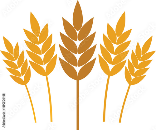 Vector art of five golden wheat stalks, representing abundance and agricultural prosperity, with a clean and minimalist design aesthetic