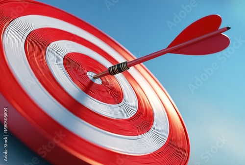 An arrow strikes the bullseye of a red and white target, angled against a clear blue sky, highlighting precision and achieving goals