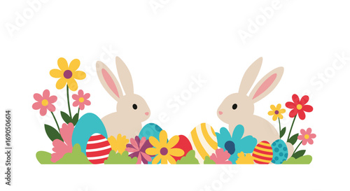 Adorable Easter bunnies gather with colorful decorated eggs and vibrant flowers in a festive spring scene.