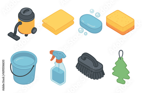 Colorful household cleaning supplies illustration with vacuum, towel, soap, sponge, bucket, spray bottle, brush, air freshener