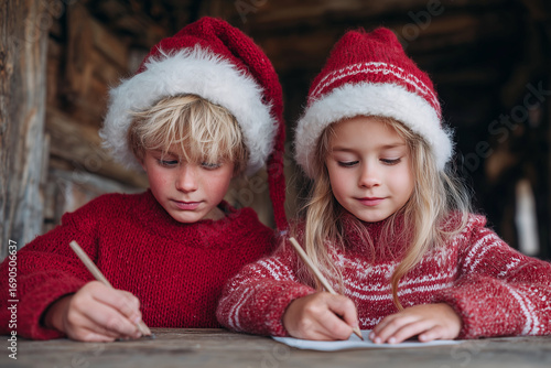 Two children wearing red hats