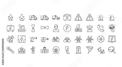 Collection of disaster and danger icons in a simple silhouette style