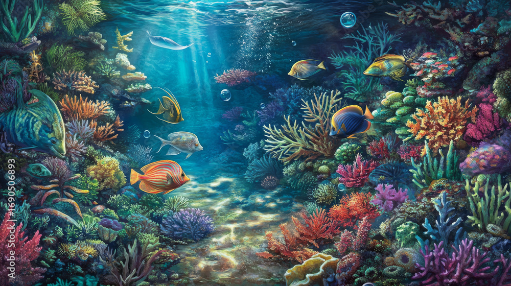 Fototapeta premium Vibrant underwater scene showcases colorful corals and diverse marine life. A tranquil and vivid depiction of a healthy ocean reef.