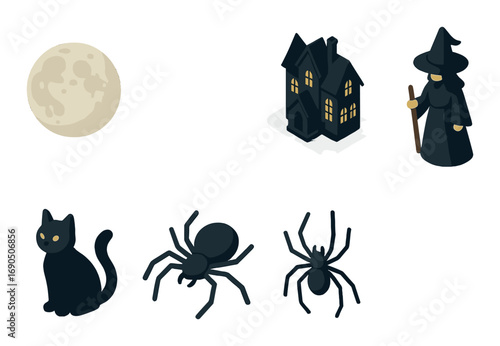 Spooky halloween icons: moon, bat, haunted house, witch, black cat, spiders, grave