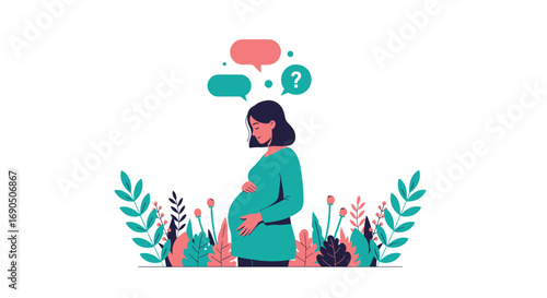 Pregnant woman contemplating future with question marks and speech bubbles amidst floral elements