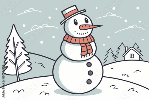 Vector art of a charming snowman with a hat and scarf stands in a snowy landscape with trees and a house, embodying the spirit of a winter wonderland