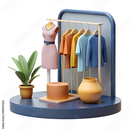 3D render of stylish clothing display with mannequin in pink dress, colorful shirts on hangers, indoor plant, ceramic vase, and round platform stand, modern fashion boutique setup