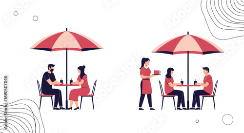 Diners enjoy drinks under umbrellas at outdoor cafe while server brings coffee to a couple