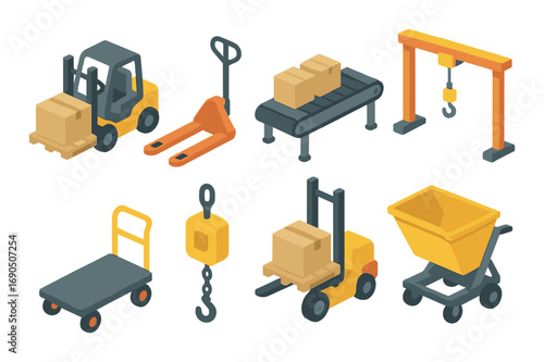 Industrial equipment icons featuring forklifts and pallet jacks in vibrant yellow glow