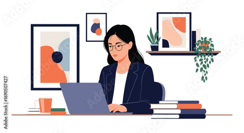 Focused businesswoman working diligently on laptop in a modern, organized home office environment