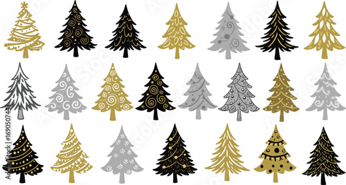 Elegant Christmas tree vector set – black, gold, and silver hand-drawn illustrations for festive and holiday designs
