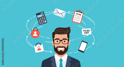 Organized businessman juggles tasks phone calculator mail and shopping lists with efficiency and focus