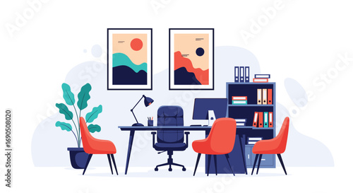 Modern home office setup with computer, desk, chairs and decor creates productive workspace