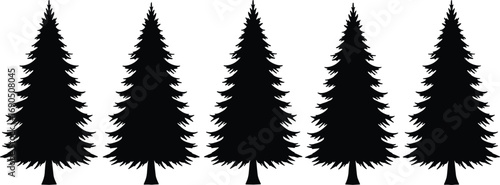 Five identical black silhouette pine trees in a row, simple evergreen forest nature vector illustration, isolated on white background