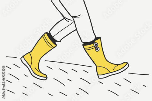 Illustration of yellow rain boots walking on a wet pavement, showcasing footwear designed for rainy weather and protection from puddles