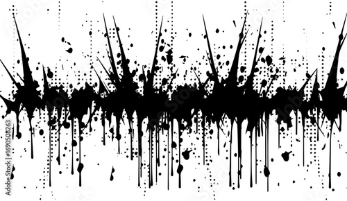Bold black paint splatter and dripping ink create a dynamic grunge effect on a white backdrop, offering a striking abstract design with a modern, artistic flair for various projects